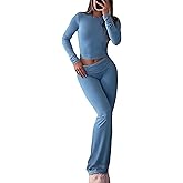 YETOWA Women's 2 Piece Lounge Set Long Sleeve Crop Top and High Waisted Flare Pants Soft Knit Loungewear Outfit