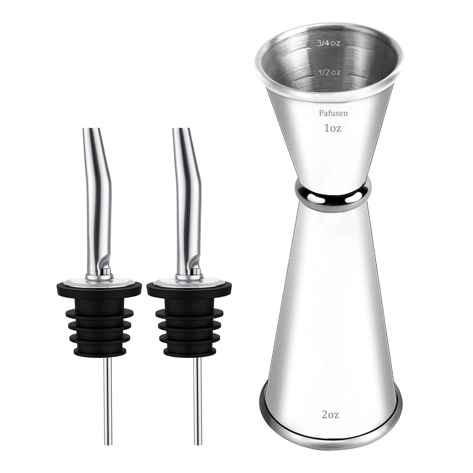 Photo 1 of Pafusen Jigger for Bartending with 2 Pourers, Japanese Jiggers with 5 Measurements Inside, Jiggers 2 OZ 1 OZ, Shot Measure Jiggers, Bar jigger Bartender Tool Accessories, (Silver, 1 Jigger+ 2 Pourers)