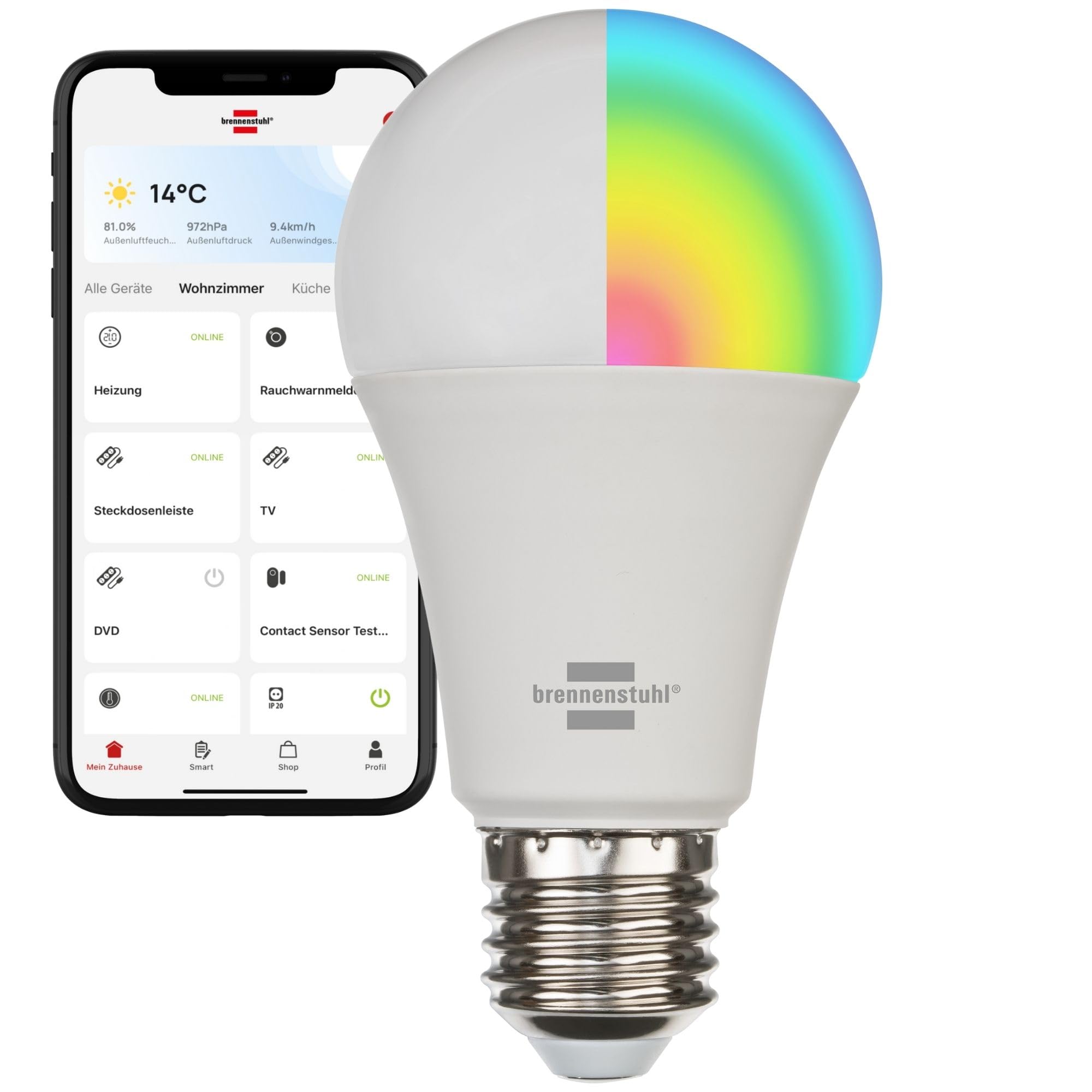 Brennenstuhl Connect WiFi LED Bulb SB 800 E27 (Compatible with Alexa and Google Assistant, no hub Required, Smart Bulb 2.4 GHz with Free app, 810lm, 9W)