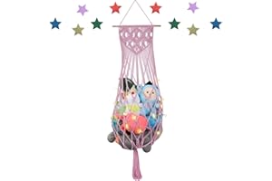 IHANSEE Stuffed Animal Hammock Corner, 63 Inch Jumbo Macrame Ceiling Toys Net, Light Pink Wall Hanging Organizer Holder Plush Storage Display Net with String Light for Nursery Playroom Kid Room Decor Gift