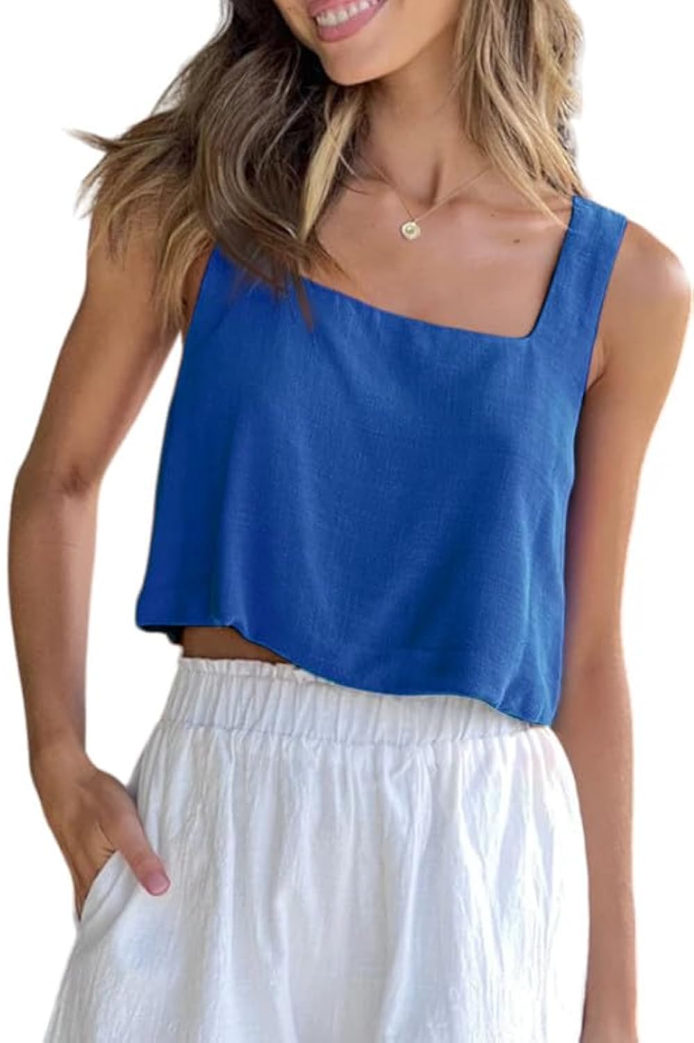 Photo 1 of Allimy Womens Square Neck Crop Tops Sleeveless Basic Cropped Baby Tee Casual Loose Tank Top Blue M