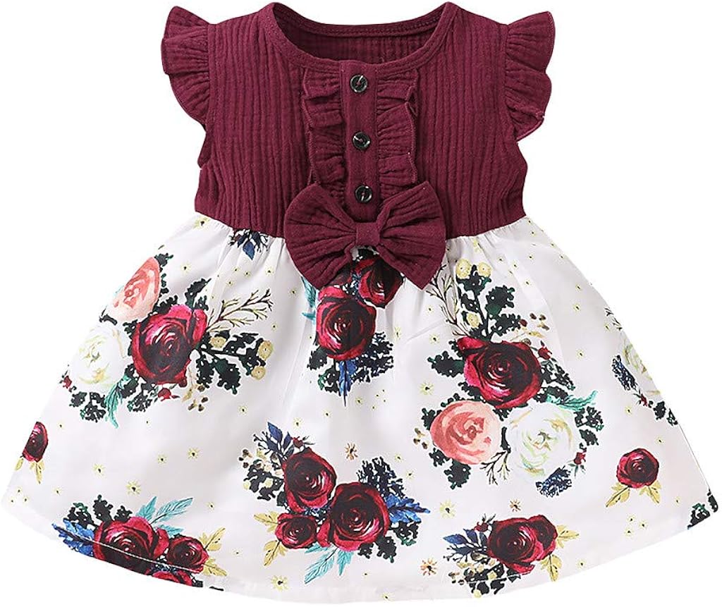 Shimigy Toddler Baby Girls Fly Sleeve Bowknot Splice Floral Print Dress Clothes