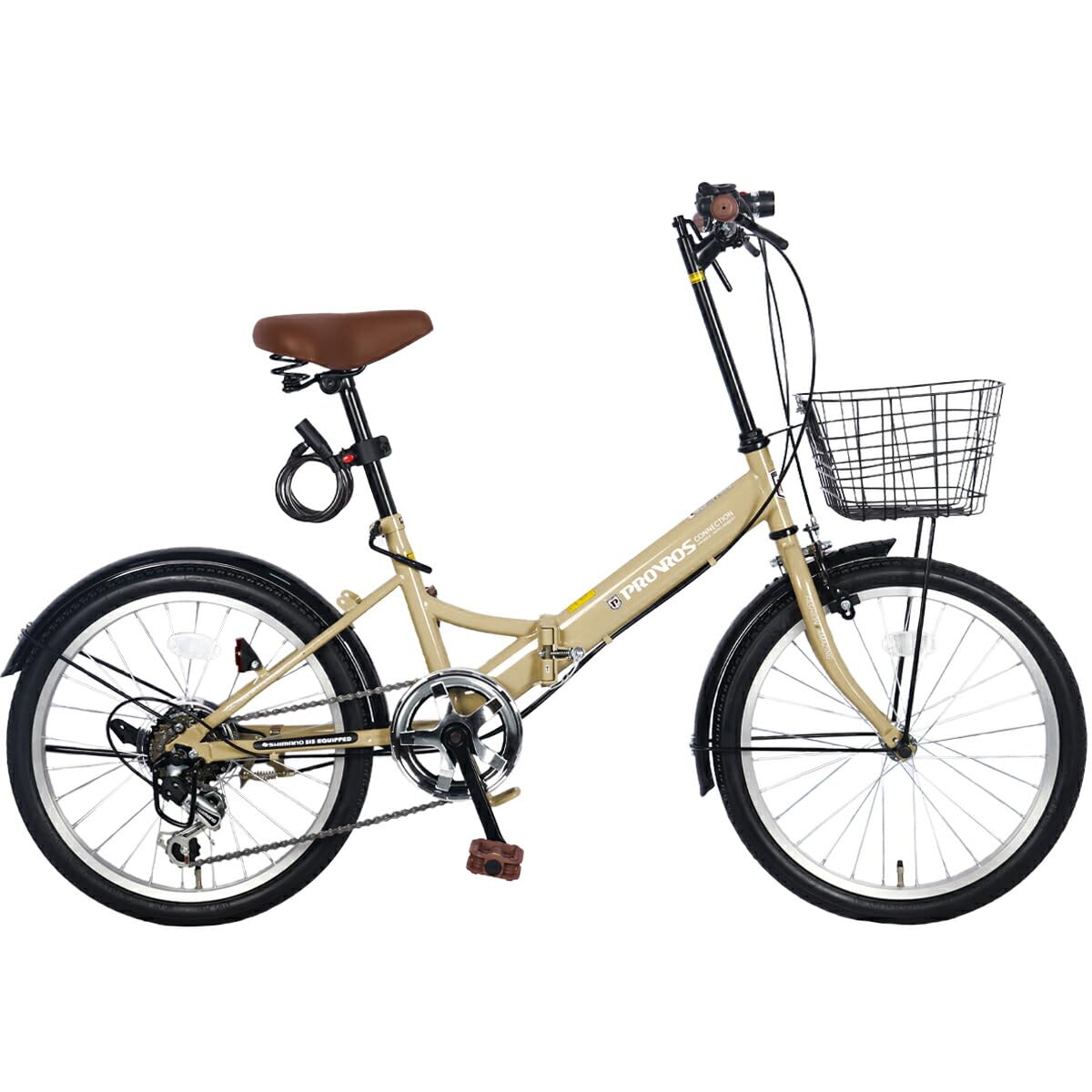 PROVROS(プロブロス) 折りたたみ自転車 20インチ シマノ6段ギア カゴ･ワイヤー錠･ライト付き 通勤 通学 街乗り 折り畳み 自転車 P-206 (ベージュ)商品画像