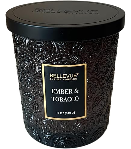 bellevue ember and tobacco candle Embossed Glass Candles Variety pack, Cardamom & Plum-Fern & Rain Water-Monk Fruit & Vanilla-Ember & (4 x 12 oz) Notes of Pink Peppercorn four 12oz candles for $20