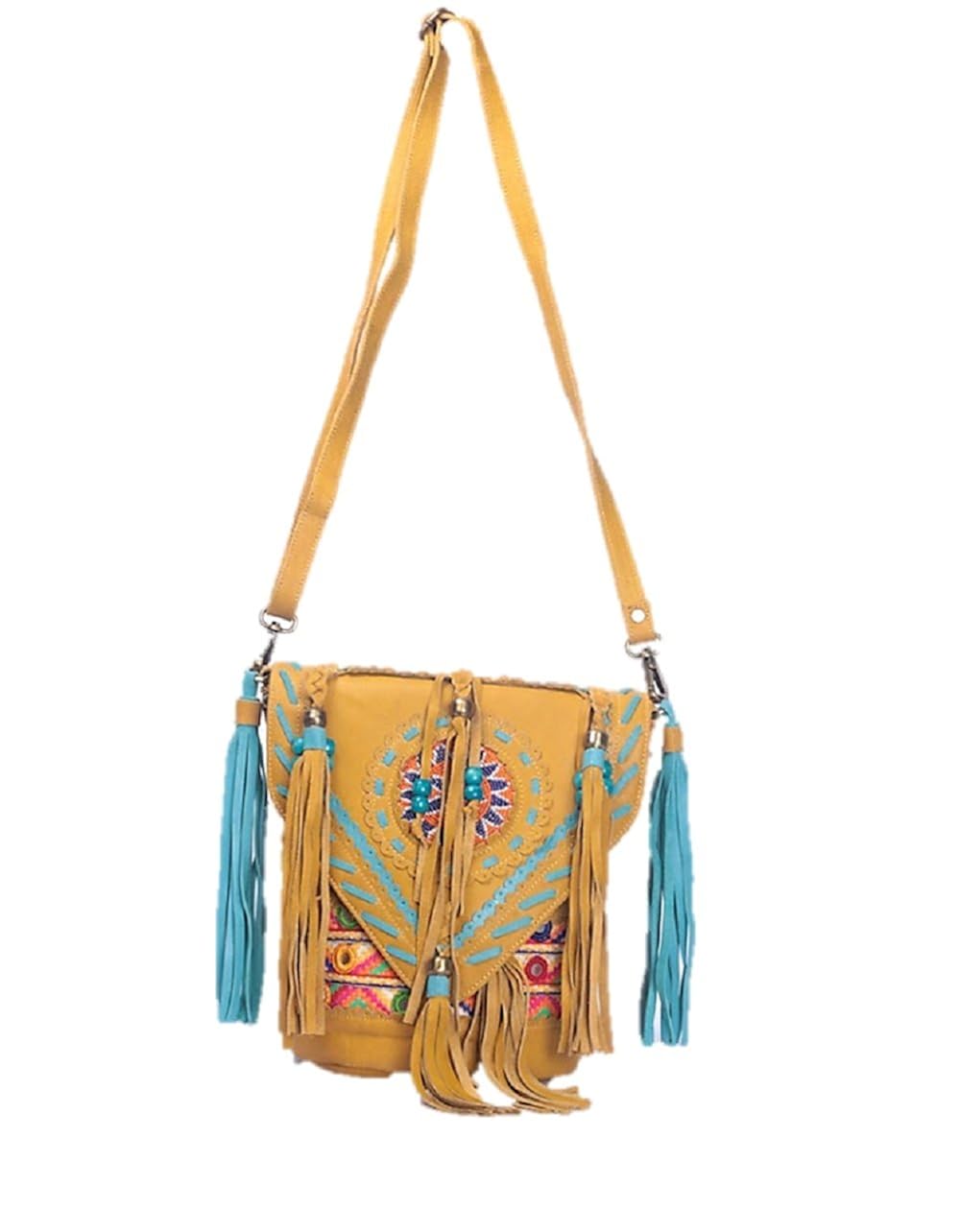 amour louie women's real leather/suede with bead work and laces handbag,yellow