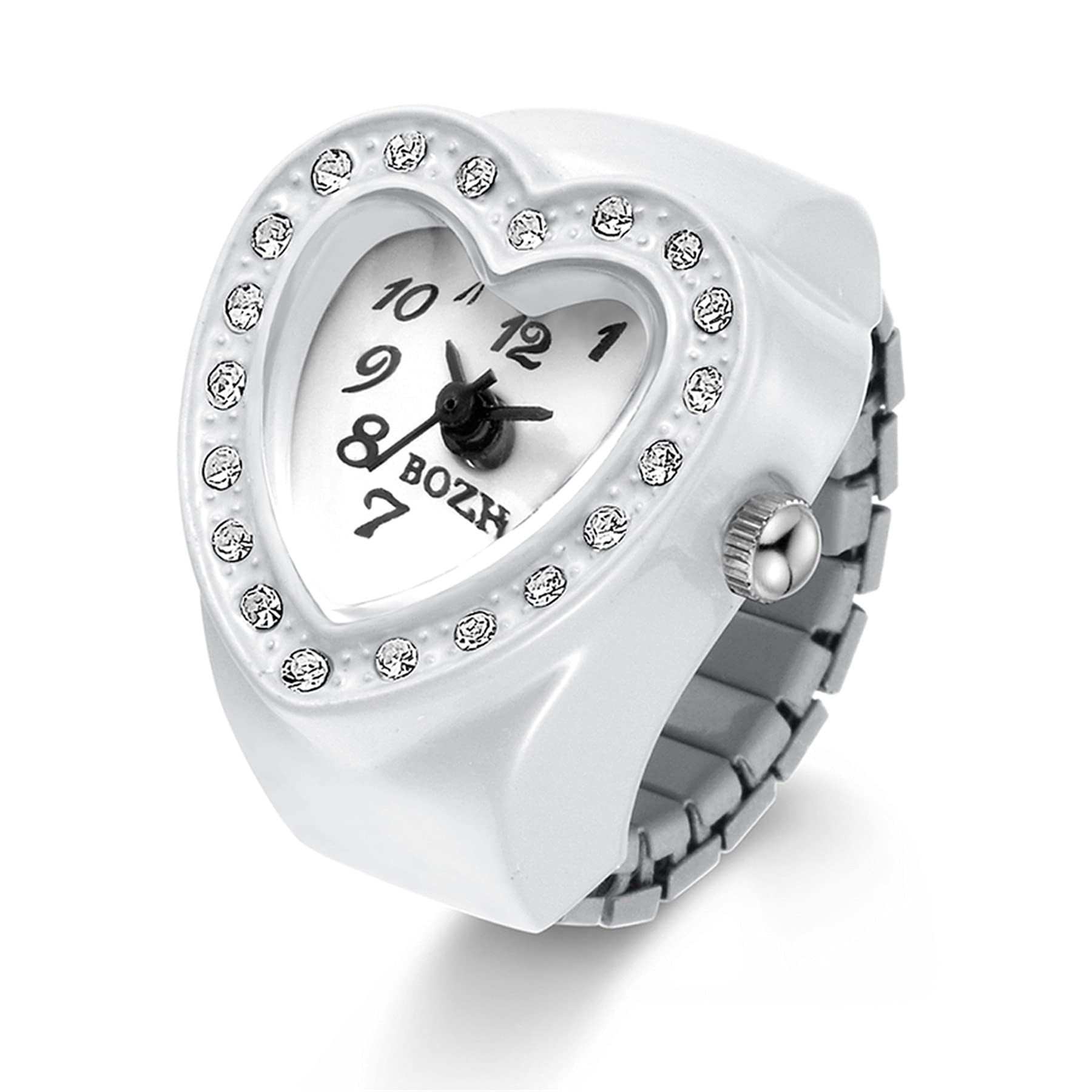 JewelryWe Men Women Finger Watch Heart Shape Rhinestone Quartz Analog Finger Ring Watches, Adjustable Size