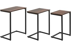 HOMCOM Nesting End Tables Set of 3, Industrial C-Shaped Snack Side Table with Steel Frame for Sofa Couch, Bed, Living Room, R