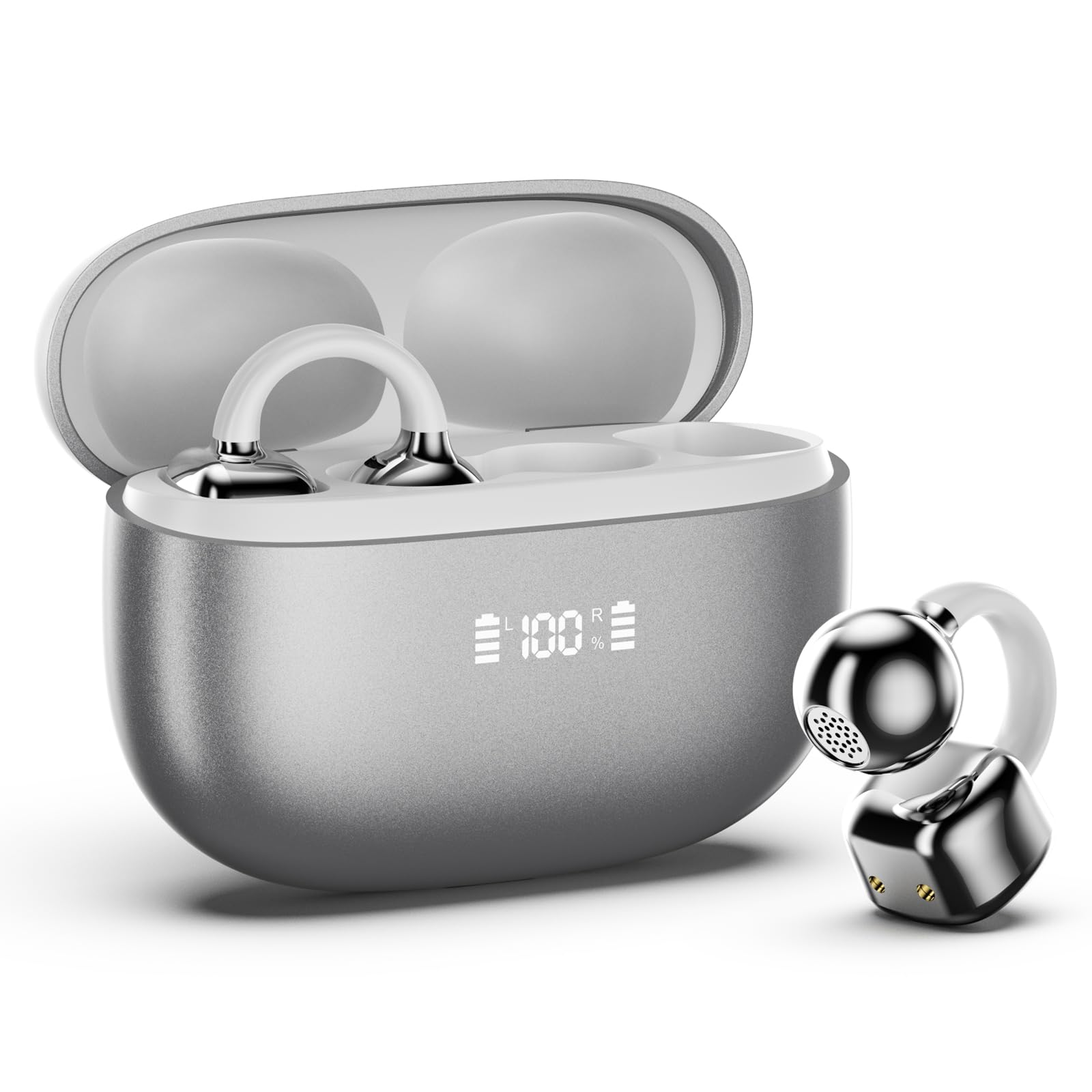 Photo 1 of PAXA Clip On Earbuds, Clipbuds7 Open Ear Earbuds Wireless Bluetooth 5.4 with LED Display, Auto L-R Ear Recognition and Touch Control, Ultra-Light 4.5g Fit Comfort for Sports Fitness Daily Use, Silver