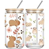 DHQH 2PCS Capybara Gifts for Women, Capybara Stuff Glass Cups with Lids and Straws, Flower Ice Coffee Cup Gifts Set for Sister Nurse Mom Birthday Christmas Gift