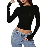 winkbay Women's Backless Long Sleeve Top Fall Y2k Crew Neck Fitted Crop T Shirts Going Out Outfits