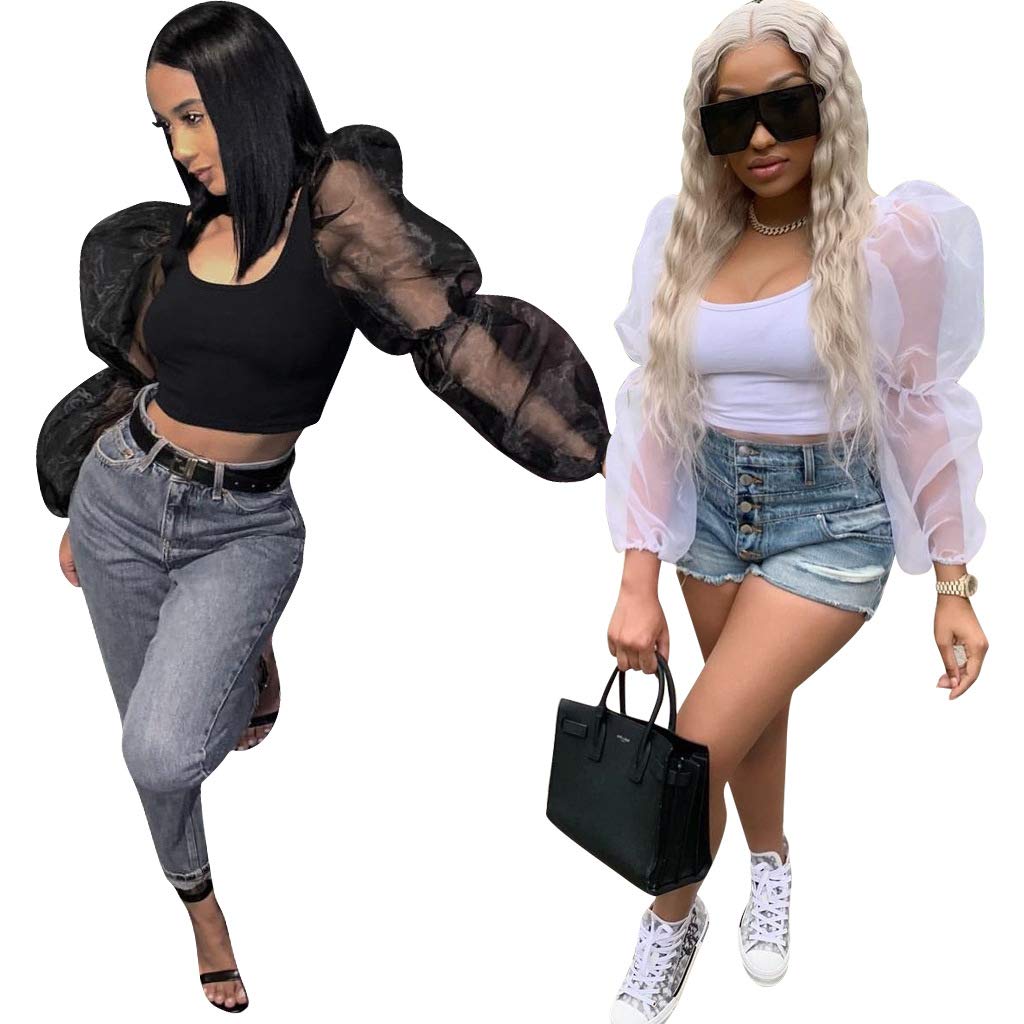 Womens Mesh Puff Sleeve Tops - Special Slim Fit Stretchy Summer Blouse Tee Black