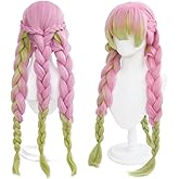 maysuwell Cosplay Wig Pink Green Mixed Natural Synthetic 3 Braids Hair Bangs Halloween,Christmas,Daily Fashion,Anime and Gaming Expo,Fancy ball