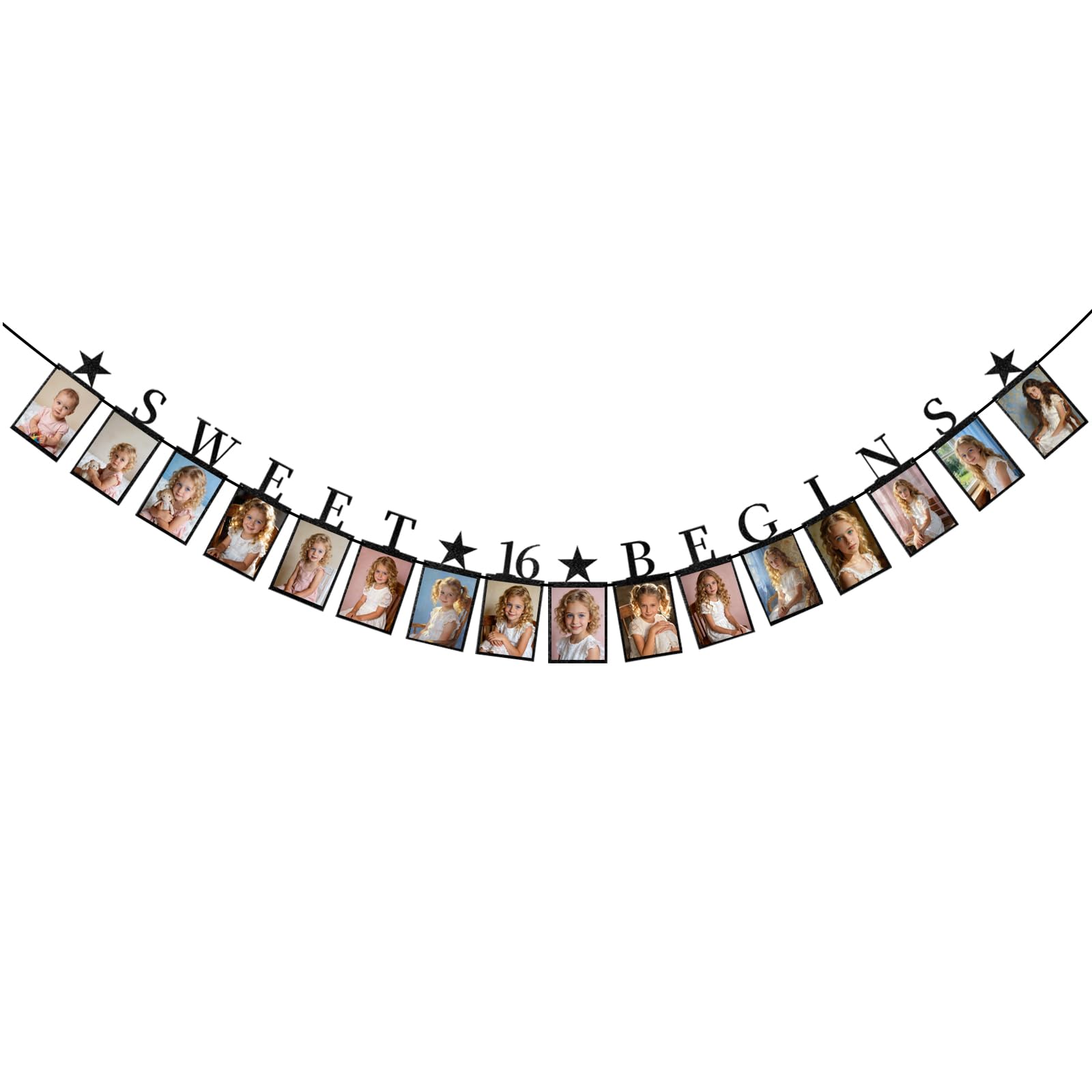 NETFLO 16th Photo Birthday Banner for Teenage Girls Boys Photo Banner 16 Photo Slots Growth Milestone Banner with Glitter Hanging Garland Bunting for Party Photo Props Decorations (Black)