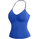 Womens Halter Tank Tops Longline Strappy Top with Built-in Bra V Neck Backless Gym Workout Camis with Adjustable Strap