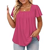 VISLILY Womens-Plus-Size-Summer-Tops Casual Ruffle Sleeve T Shirts Trendy Square Neck Tunics Loose Comfy Pleated Tees