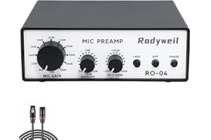 Rodyweil RO-04 Pro Mic Preamp 0~72db Adjustable Gain Boost with Hi-Z, 48V, HPF, Phase for Dynamic Condenser Ribbon Microphone, Guitar, Bass Recording and Podcasting