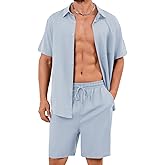 Flygo Men Cotton Linen Sets Outfits 2 Piece Summer Short Sleeve Shirt and Shorts Set Beach Wear Vacation Outfit