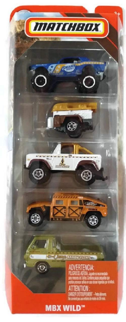 Matchbox 2019 MBX Wild 5-Pack (Custom 1968 Mustang Mudstanger, Trailer Trawler, 1972 Ford Bronco 4x4, Humvee, 1966 Dodge A100 Pickup)