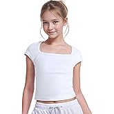 NUMYEAN Crop Tops for Girls Short Sleeve Shirt Girls Summer Tops Square Neck Slim Fit Tops Basic Tee