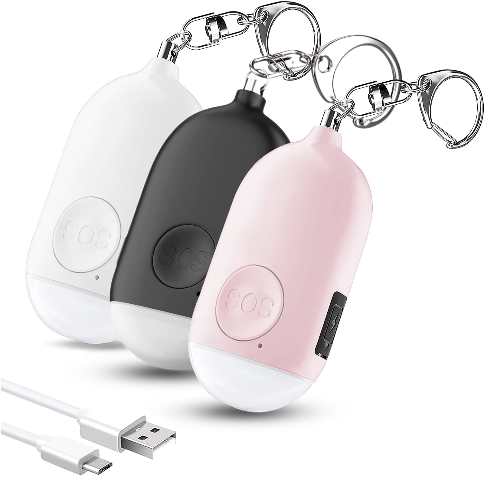 Hion Personal Safety Alarm for Women, 3 Pack Rechargeable 130dB Self Defense Keychain with LED Flashlight, Emergency Safe Sound Security Alarm for Children Elderly, White+Pink+Black