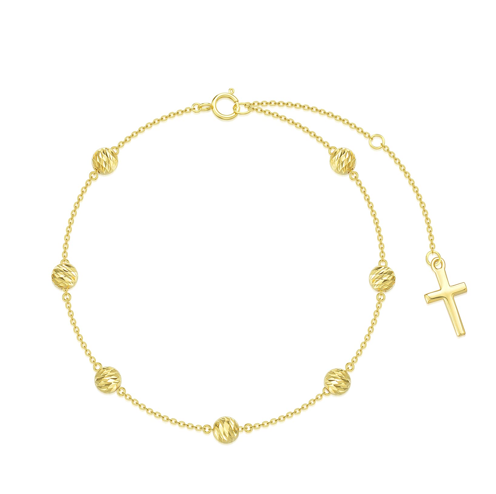 SISGEM 9 ct Gold Beads Bracelet, Solid Yellow Gold Dainty Chain Bracelet with Cross Pendant, for Women Girls Ladies Mum Sisters, 6.5"+1"+1"