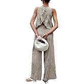 codcm Women's 2 Piece Gingham Set Summer Outfits Ruffle Tank Top and Wide Leg Pants Matching Lounge Set