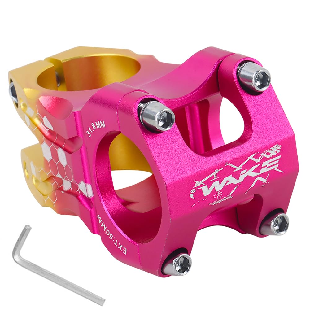 CYSKY 31.8 Bike Stem 50mm MTB Stem CNC Precision Carving Short Handlebar Stem Riser for Most Bicycle, Road Bike, Mountain Bike, BMX, Downhill Bike (Pink & Gold Splicing)