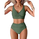 Tainehs Women's Two Piece Bikini Sets V Neck Push Up Swimsuit High Waisted Tummy Control Bathing Suit