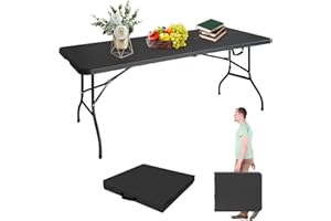 LSKSSNG Portable 6Ft Folding Table, Heavy Duty Plastic Fold-in-Half Utility Foldable Dining Table, Multi-Purpose Plastic Folding Table with Carrying Handle for Camping and Party Indoor/Outdoor (Black)