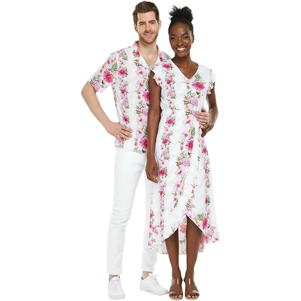 Matchable Couple Hawaiian Luau Shirt & Fairy Dress – Pink White Hibiscus Vine Print, Women's One Size (S-L), Men's Sizes S-3XL