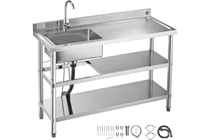 VEVOR Stainless Steel Utility Sink, Free Standing Single Bowl Commercial Kitchen Sink with Faucet and Hot & Cold Water Pipe, 