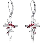 JERWLI Flower Cross Earrings 925 Sterling Silver Daisy Butterfly Lily Violet Mushroom Dangle Drop Earrings Birth Flower Jewelry for Women Birthday Christmas Gifts