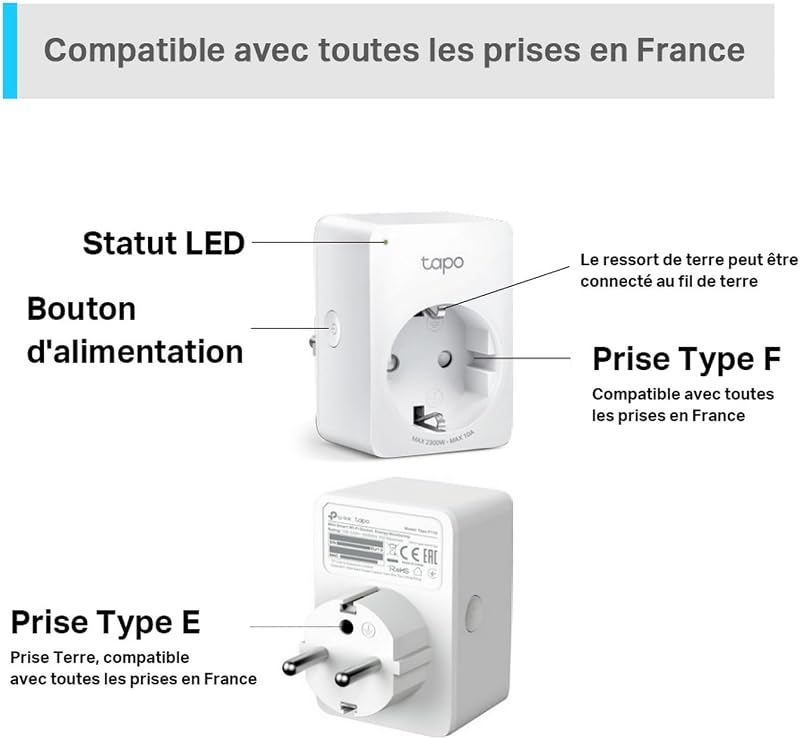 Prise Connectée WiFi, Prise Intelligente compatible avec Alexa et Google Home, 10A Type F, Contrôler le radiateur, la cafetière, la lampe à distance, aucun hub requis, Tapo P100(1-pack)