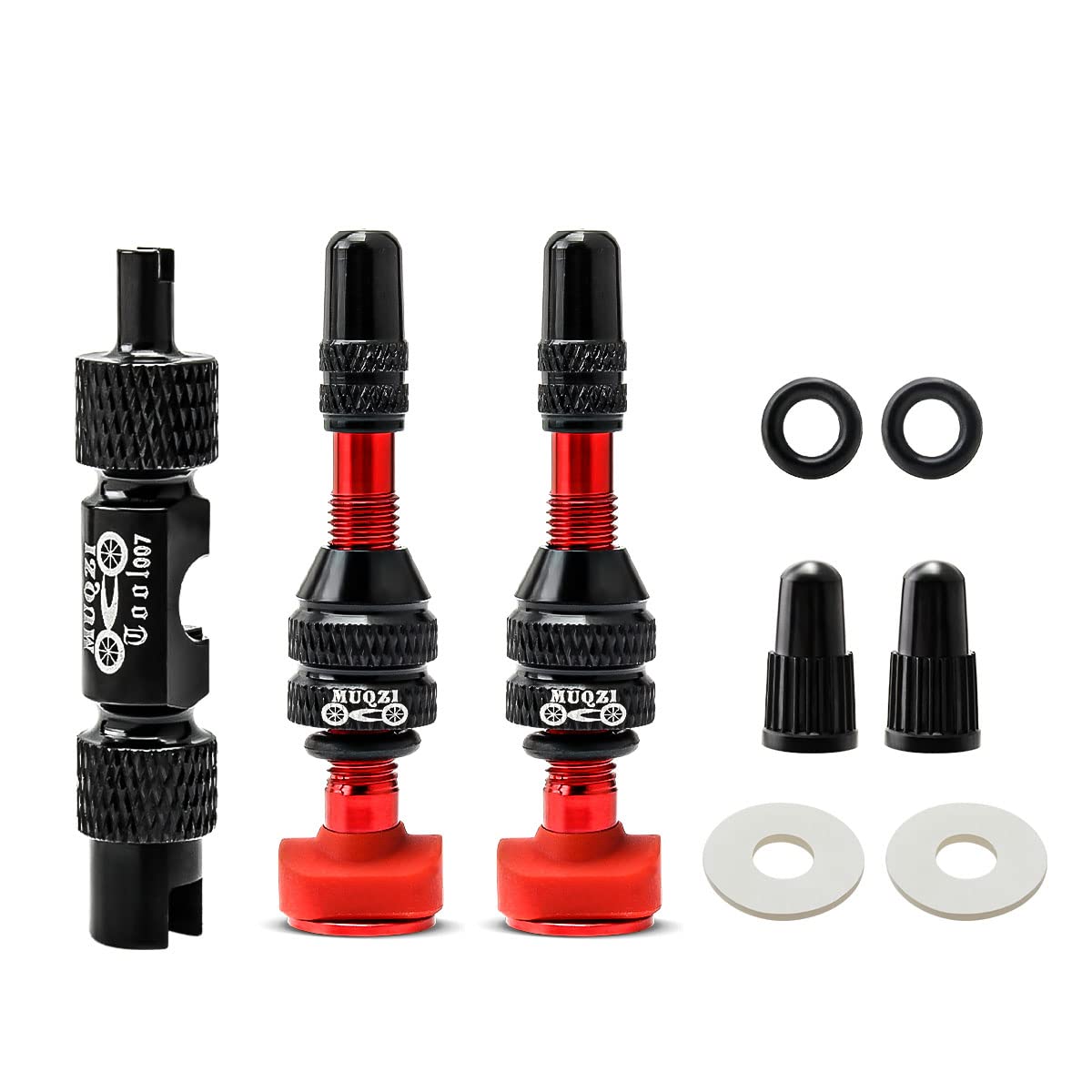 MUQZI Tubeless Presta Valve Stem Kits - No Leak Bike tubeless Valve Stems with Integrated Valve Core Remover Tool and Alloy Presta Valve Stem Caps for Bicycle, Red(40mm)