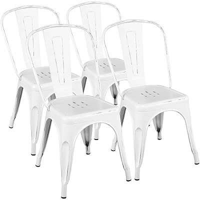 Yaheetech Set of 4 Metal Dining Chairs, Distressed White