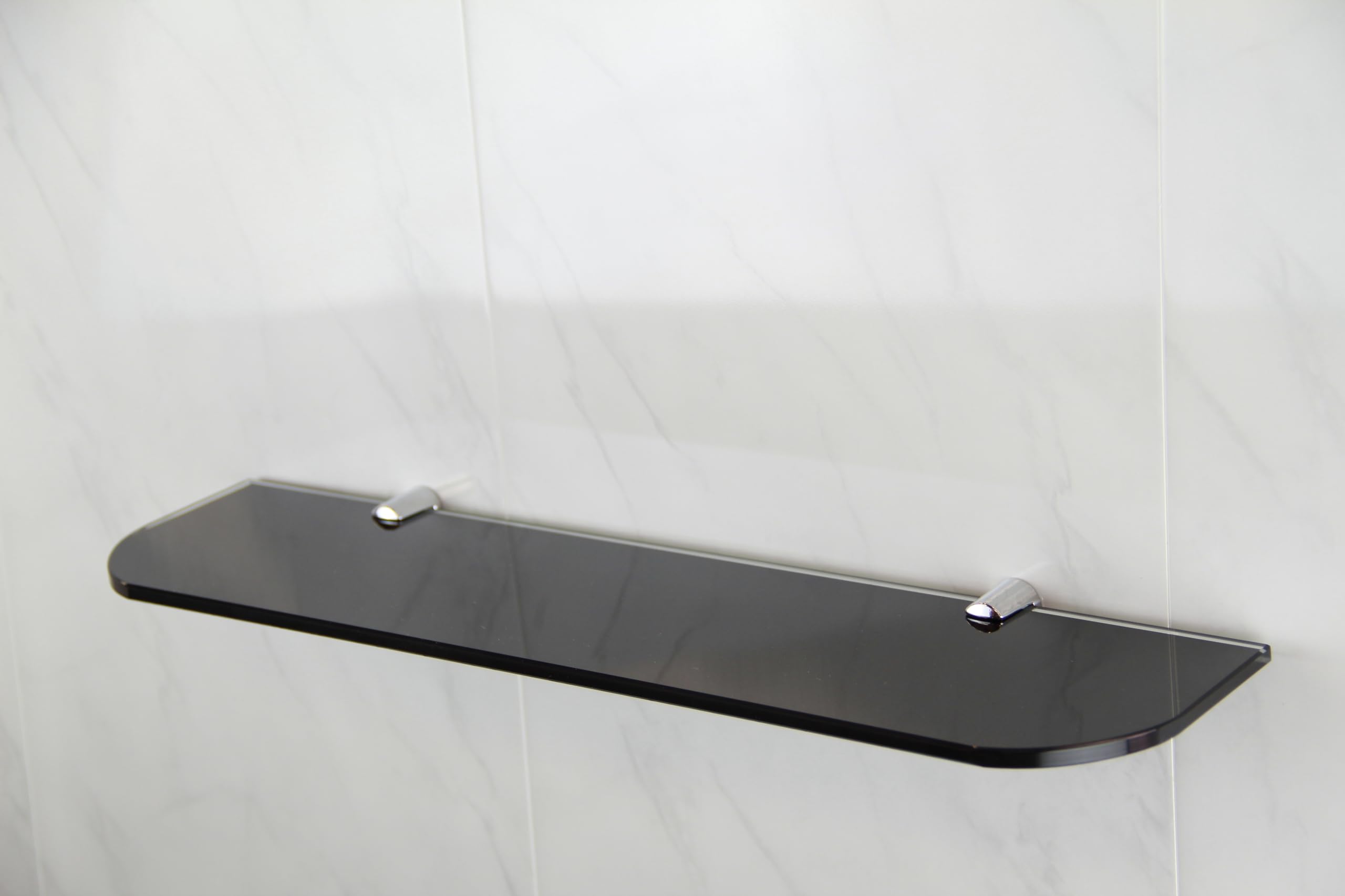 BSM Marketing Black Toughened Glass Shelf 2 Curved Corners 400mm x 100mm 6mm Thick With Chrome Supports