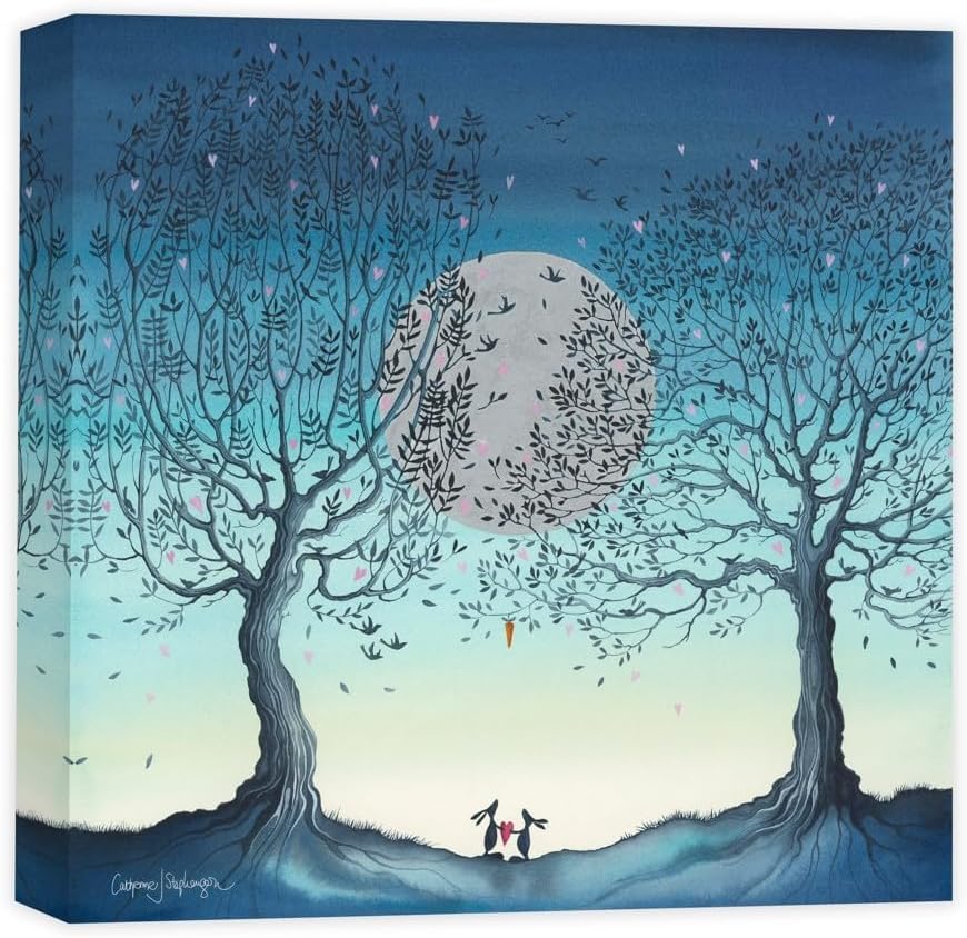 Artko Rabbits, Trees & Moon Canvas Wall Art - 'Hope Moon II' by Catherine J Stephenson - Whimsical Love-Themed Animal Print - Ready to Hang Home Décor - 40cm x 40cm