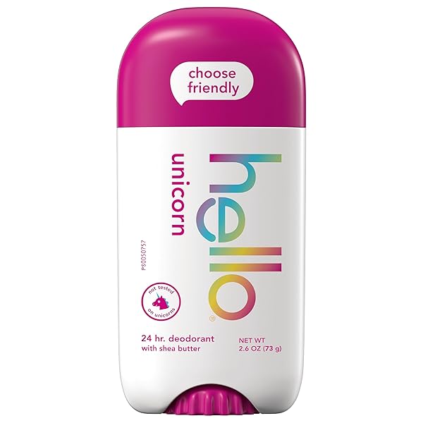 HELLO UNICORN DEODORANT, 24 HOUR ODOR PROTECTION, NO ALUMINUM + NO BAKING SODA, VEGAN & PARABENS FREE, 2.6 OZ