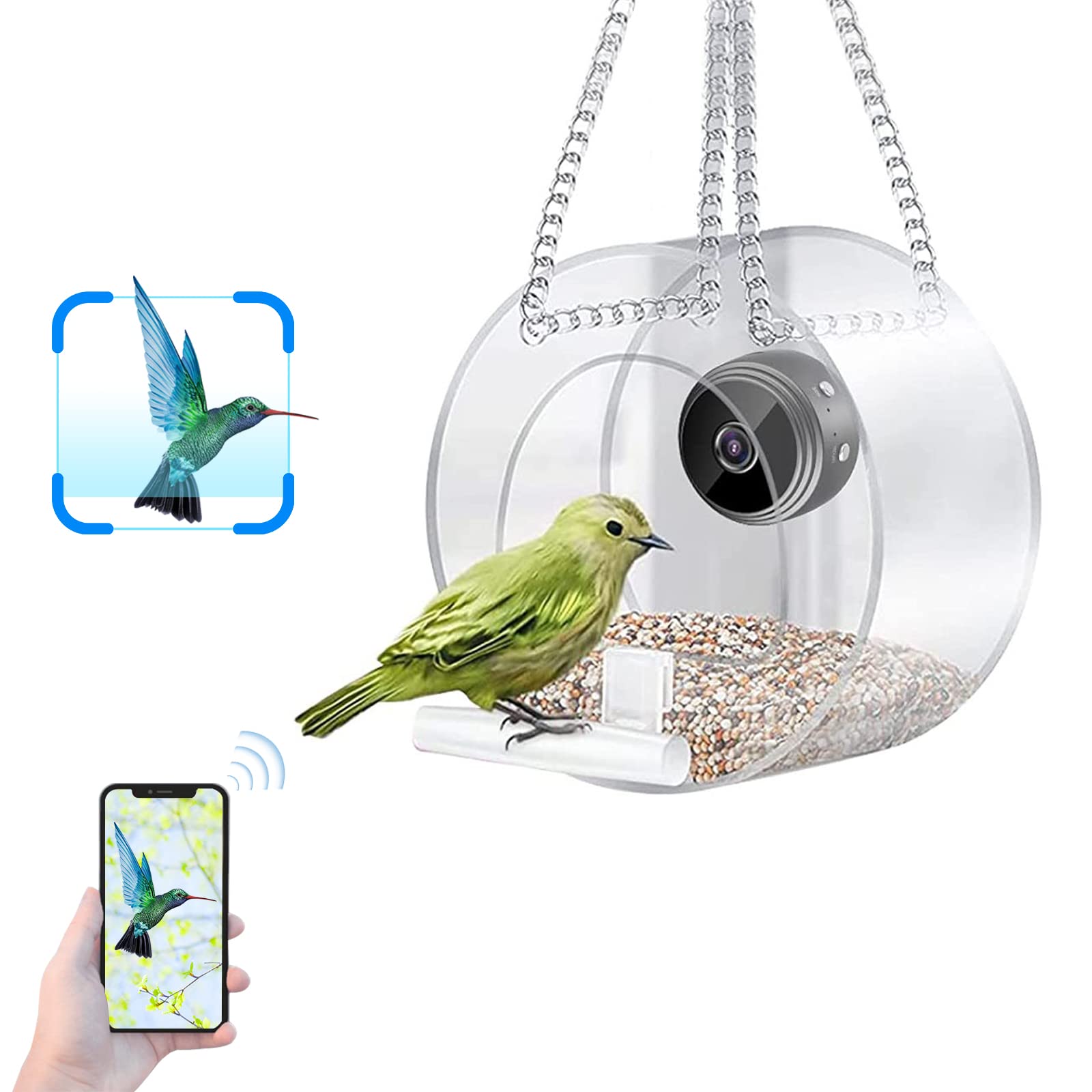 maxant Clear Window Bird Feeder with Camera, Smart Transparent Birdfeeder HD 1080P Camera for Outdoor Watching, Birdhouse Close Up View Photo Taking Video Recording (Round), UD0322