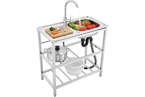 DYRABREST 75x40x78cm Outdoor Kitchen Sink with Workstation, Heavy-Duty Stainless Steel Freestanding Sink with 2-Tier Storage Racks, 360° Swivel Faucet, Adjustable Feet for Backyards, Cafes