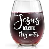 Maydvdv Christian Gifts for Women – Funny Wine Glass -Jesus Touched My Water, Gifts for Women Mom Friends Sisters, Birthday Christmas Thanksgiving Day Gift (White-JESUS, 15, ounces)
