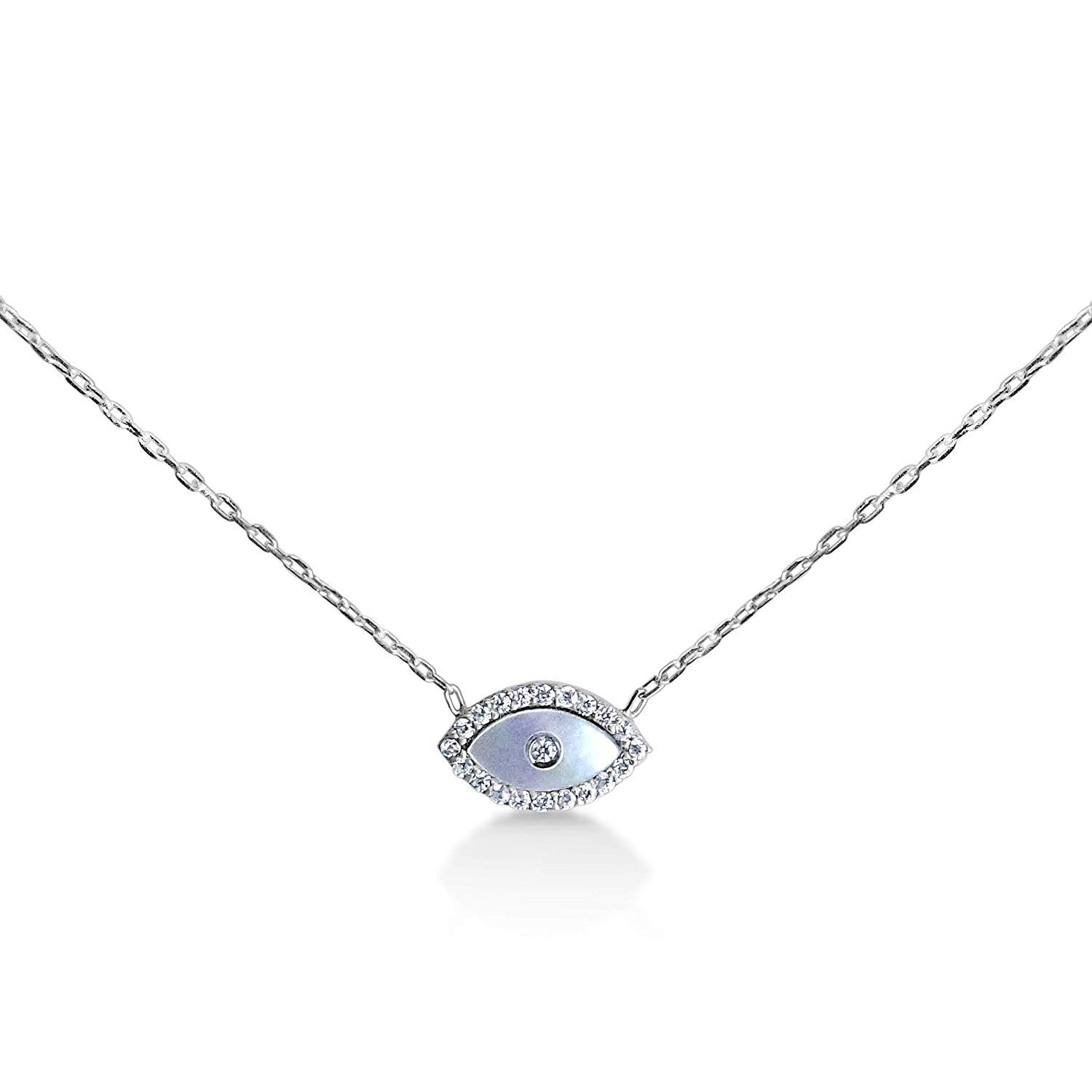 MYSTIC JEWELS by Dalia - 925 Sterling Silver Turkish Eye Pendant Necklace with cubic zirconia and Mother of Pearl Stone (Silver)