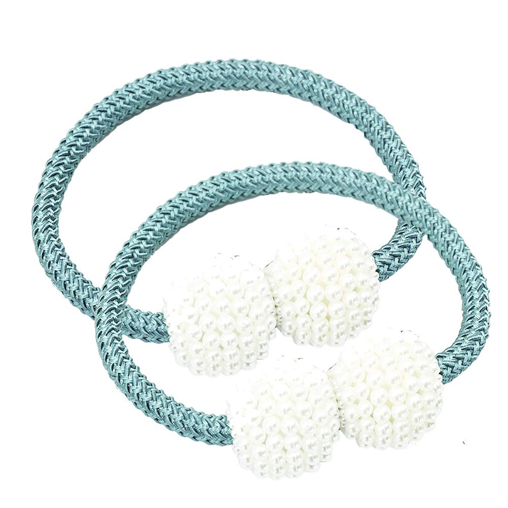 RIJAHO Magnetic Curtain Tiebacks, 2 Pieces Pearl Ball Drapes Clips Rope Holdbacks (Light Blue)