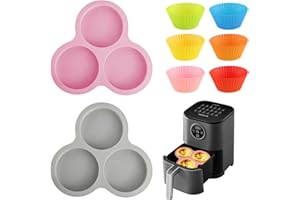 Abnaok 2PCS Silicone Air Fryer Egg Pan with 6PCS Reusable Silicone Baking Cups, Non-Stick Air Fryer Baking Pan, 3 Cavity Silicone Muffin Pans Muffin Cups for Baking