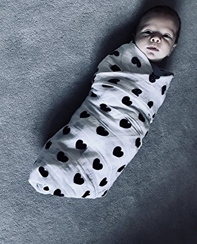 Baby Muslin Swaddle Blanket by Little Bear, 3 Pack Monochrome Set - Crosses, Alphabet & Hearts, Extra Large 47 x 47 Inches, 100% Pure Cotton