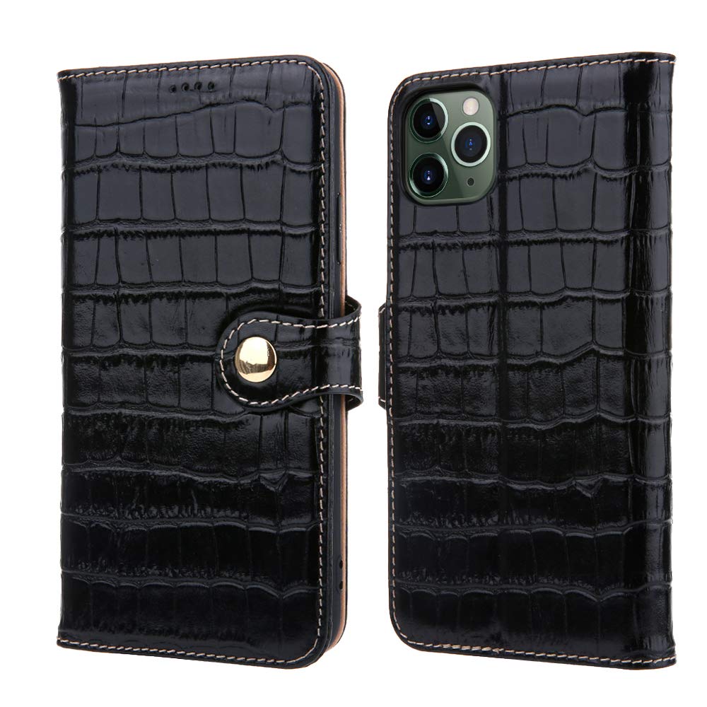 nincyee Genuine Leather Wallet Case for iPhone 11 Pro,Classic Crocodile Pattern Real Leather Flip Stand Case Cover with Card Slot Black