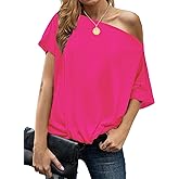 LEIYEE Womens Off Shoulder Tops Summer Casual Short Sleeve Front Twist Knot T Shirts Blouses