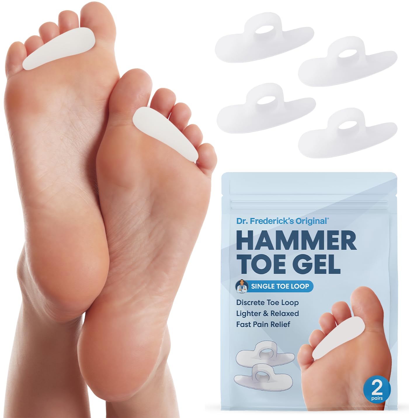 Dr. Frederick’s Original Hammer Toe Cushions - 4 Hammertoe Gel Pads - Claw Toe - Temporary Corrector - Great for Diabetic Feet
