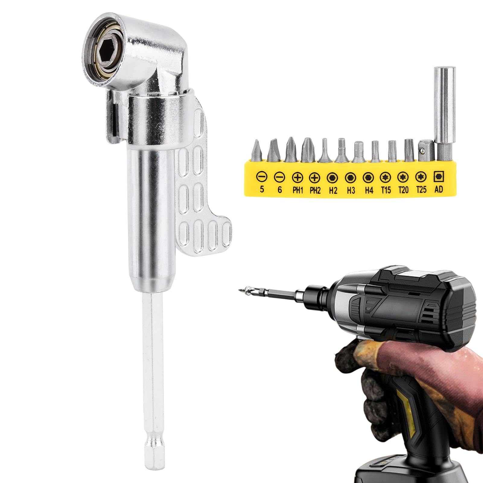 Photo 1 of 105 Degree Right Angle Drill Adapter with 12pcs Screwdriver Bit, Right Angle Head Drill Driver Extension Bit Power Screwdriver Socket Adapter, Right Angle Drill Bit Attachment (Long)
