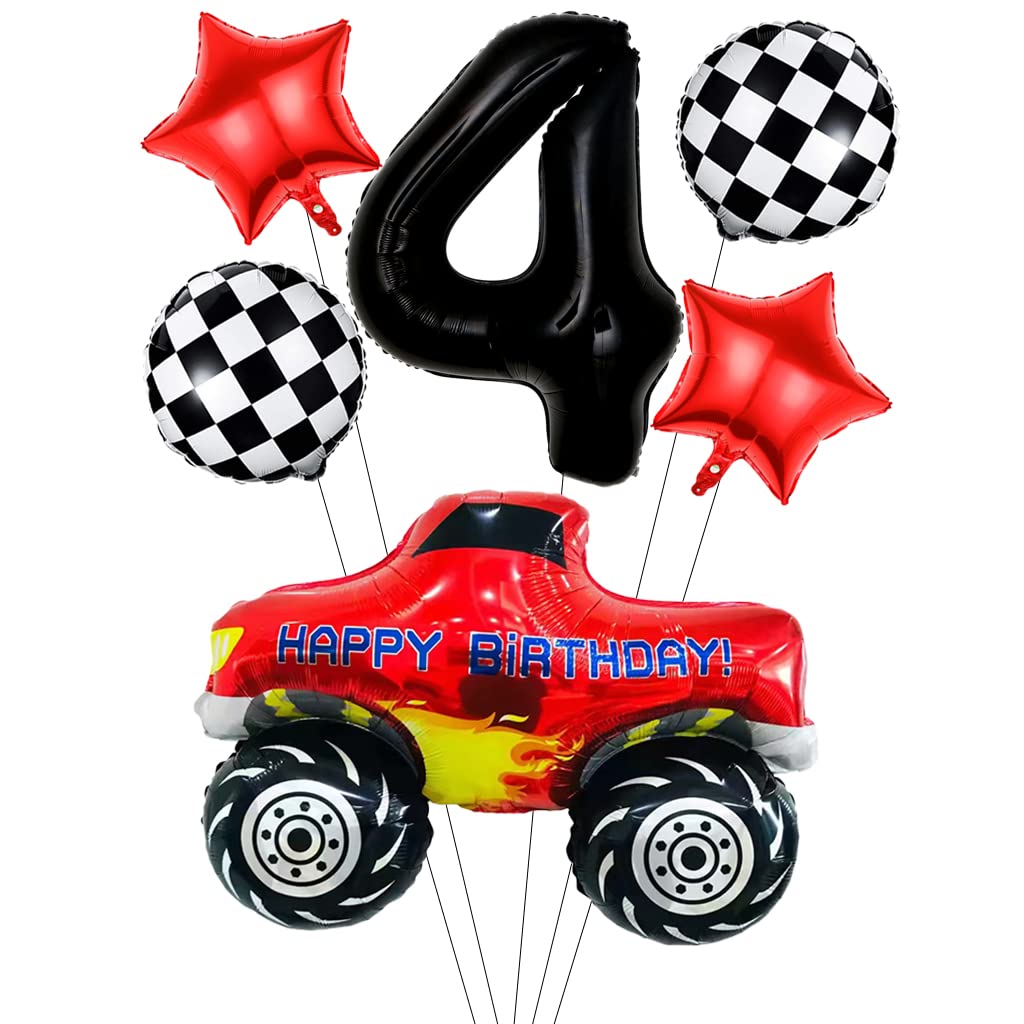 Liitata Car Party Balloons Giant Race Car Balloon 4th Race Truck Birthday Decor Black Number 4 Foil Balloon Checkered Flag Balloons Star Balloon for Boy Birthday Party Theme Party